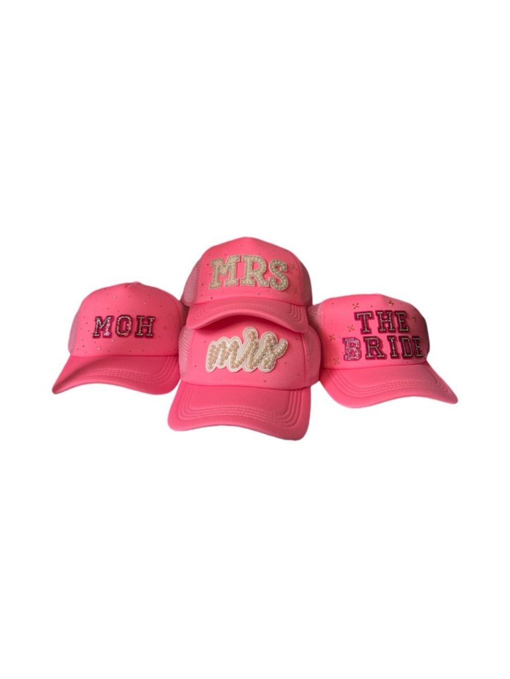 Pink Bridal Party Caps - 'Mrs', 'MOH', 'The Bride'
